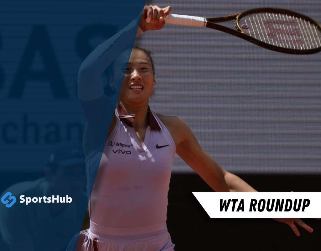 A female tennis player prepares to serve on a court, wearing a pink athletic outfit, with a racket raised high. Text reads "WTA Roundup."