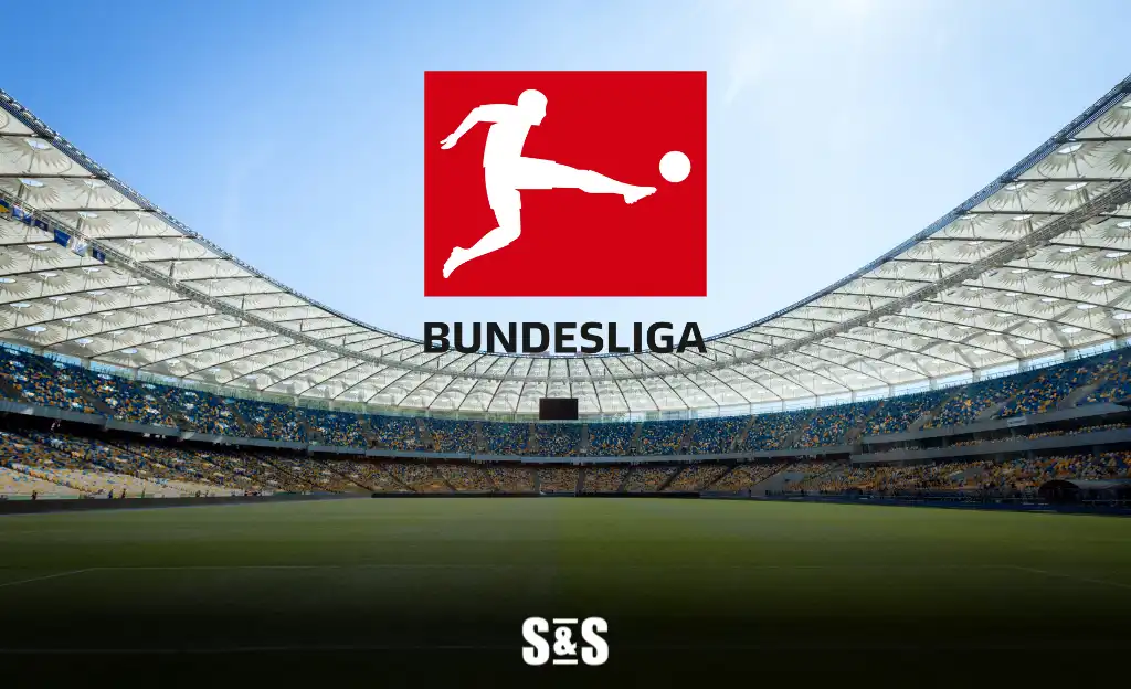 Logo of Bundesliga in red featuring a player kicking a ball, set against an empty stadium under a clear blue sky.