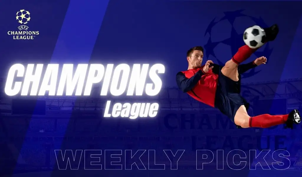 Soccer player performing a midair kick in a Champions League themed graphic promoting weekly picks.