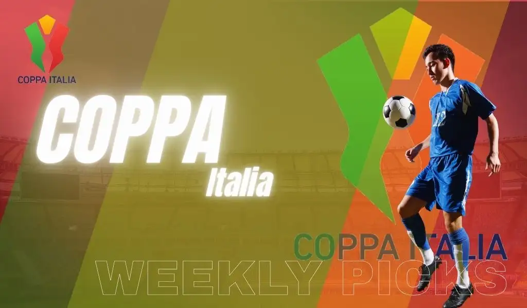 Soccer player juggling a ball in a Coppa Italia themed graphic promoting weekly picks.