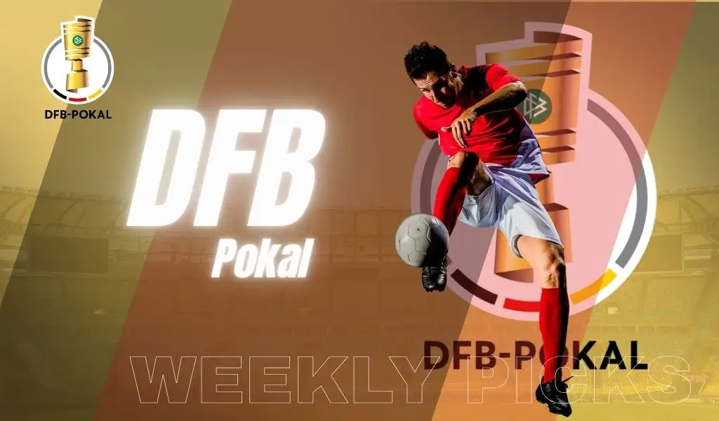Soccer player striking the ball in a DFB Pokal themed graphic promoting weekly picks.