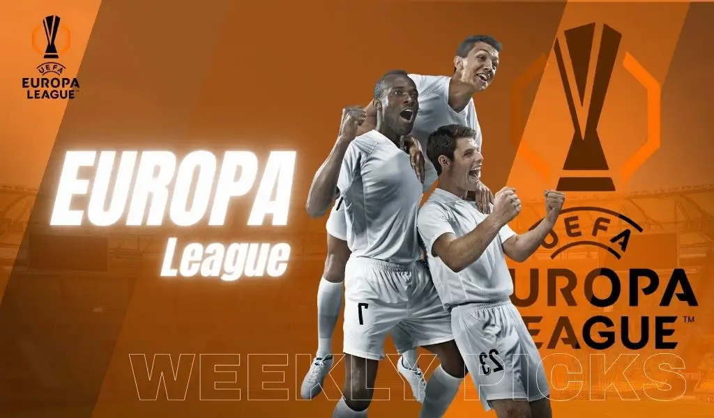 Soccer players celebrating in a UEFA Europa League themed graphic promoting weekly picks.