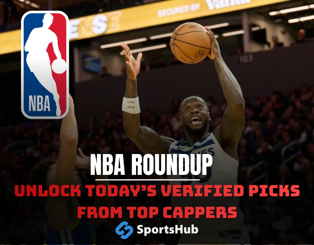 NBA Roundup promo image showing a Timberwolves player going up for a layup with bold text promoting verified picks from top cappers by SportsHub.