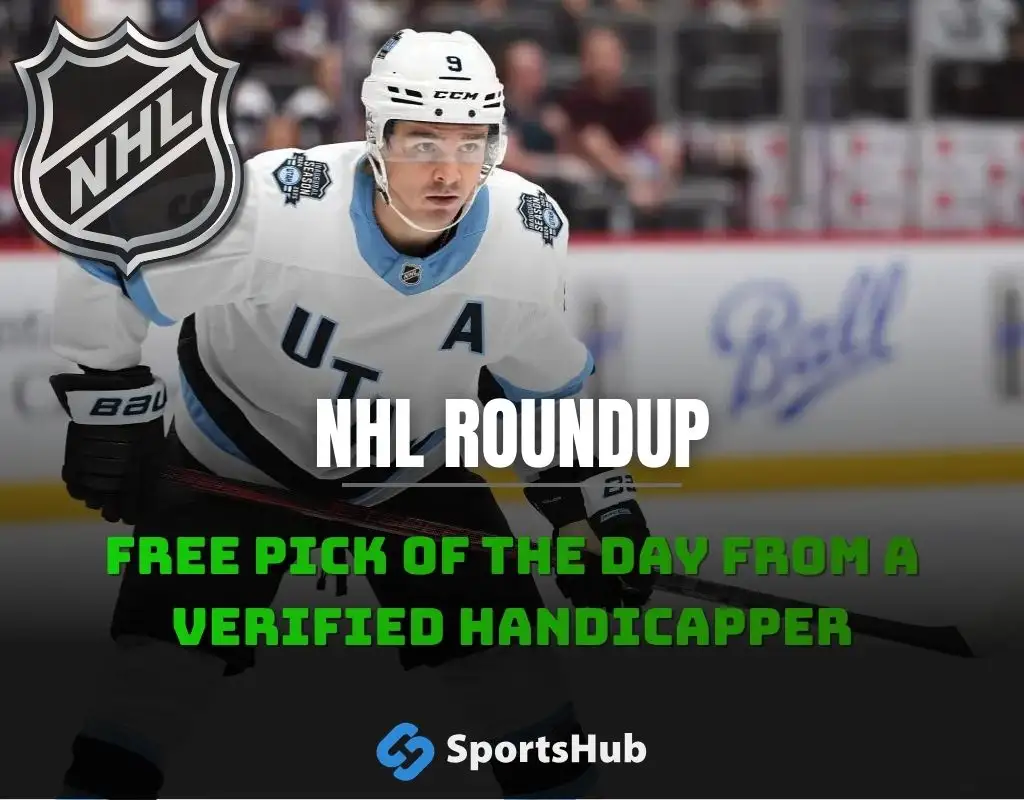 NHL roundup graphic featuring Clayton Keller in a Utah jersey with NHL logo and text promoting a free pick of the day from a verified handicapper
