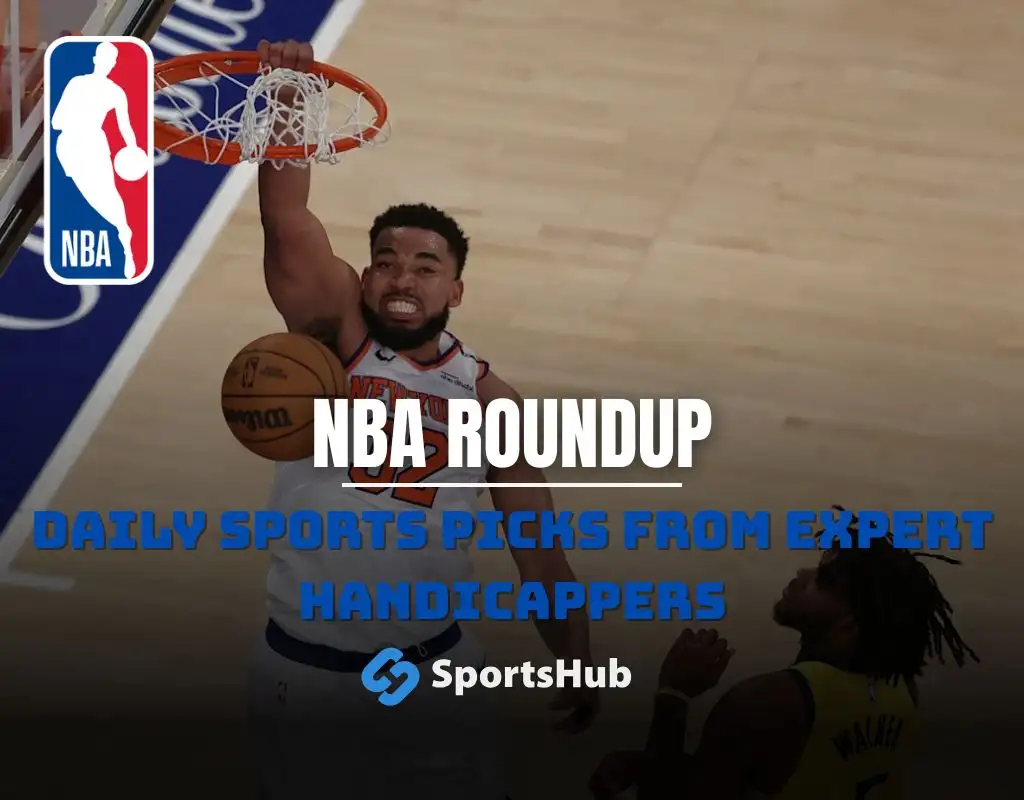NBA roundup graphic showing a New York Knicks player dunking with NBA logo and text about daily sports picks from expert handicappers