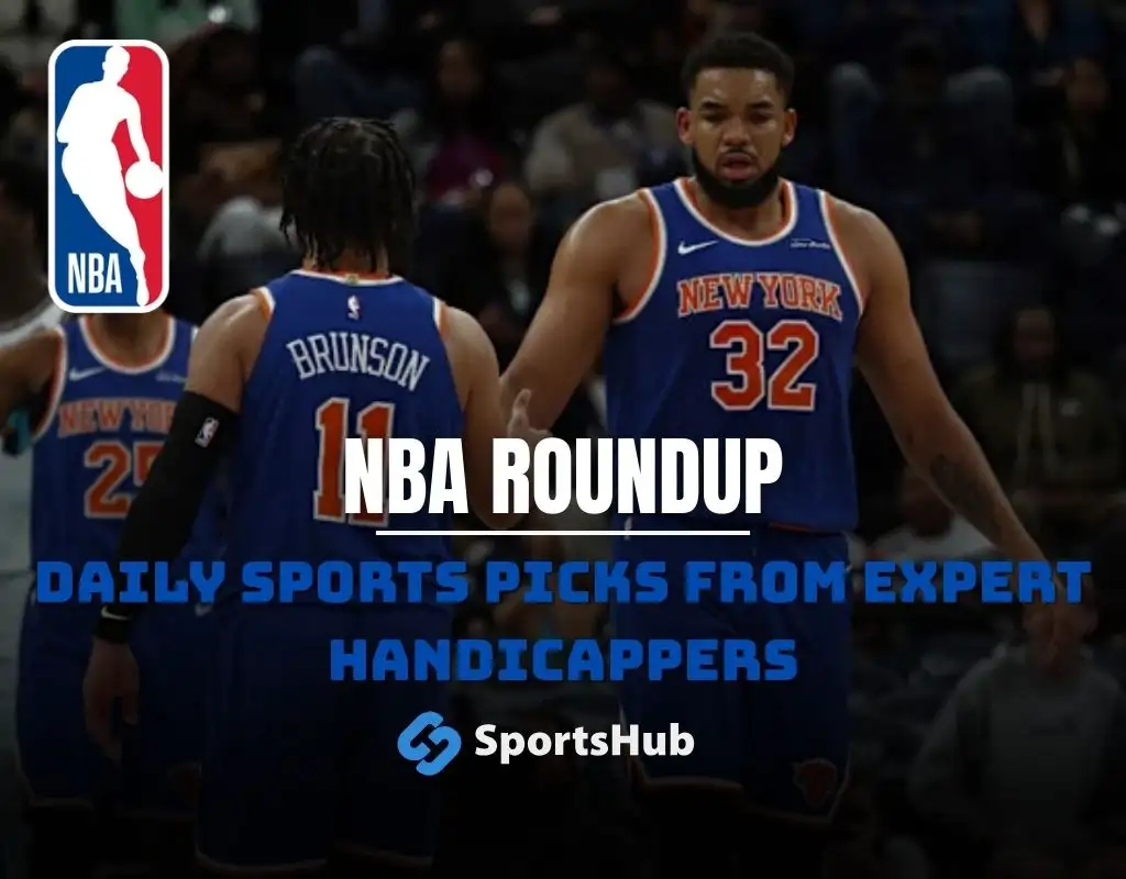 NBA roundup graphic with NBA logo and New York Knicks players Jalen Brunson and teammate on court with text promoting daily sports picks