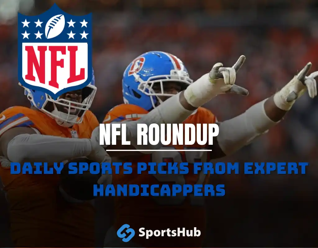 Two football players in action celebrate during an NFL game, with a bold NFL logo and text promoting expert sports picks.