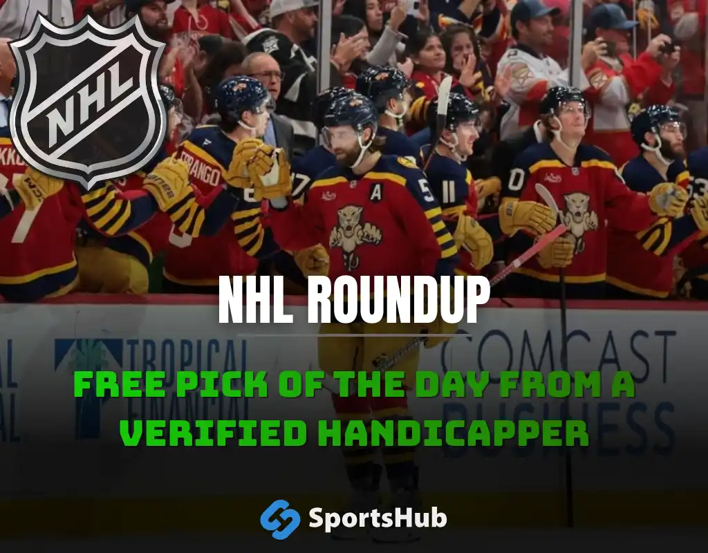 NHL players celebrate on the bench, showcasing team spirit during a game, with promotional text for sports betting in the foreground.