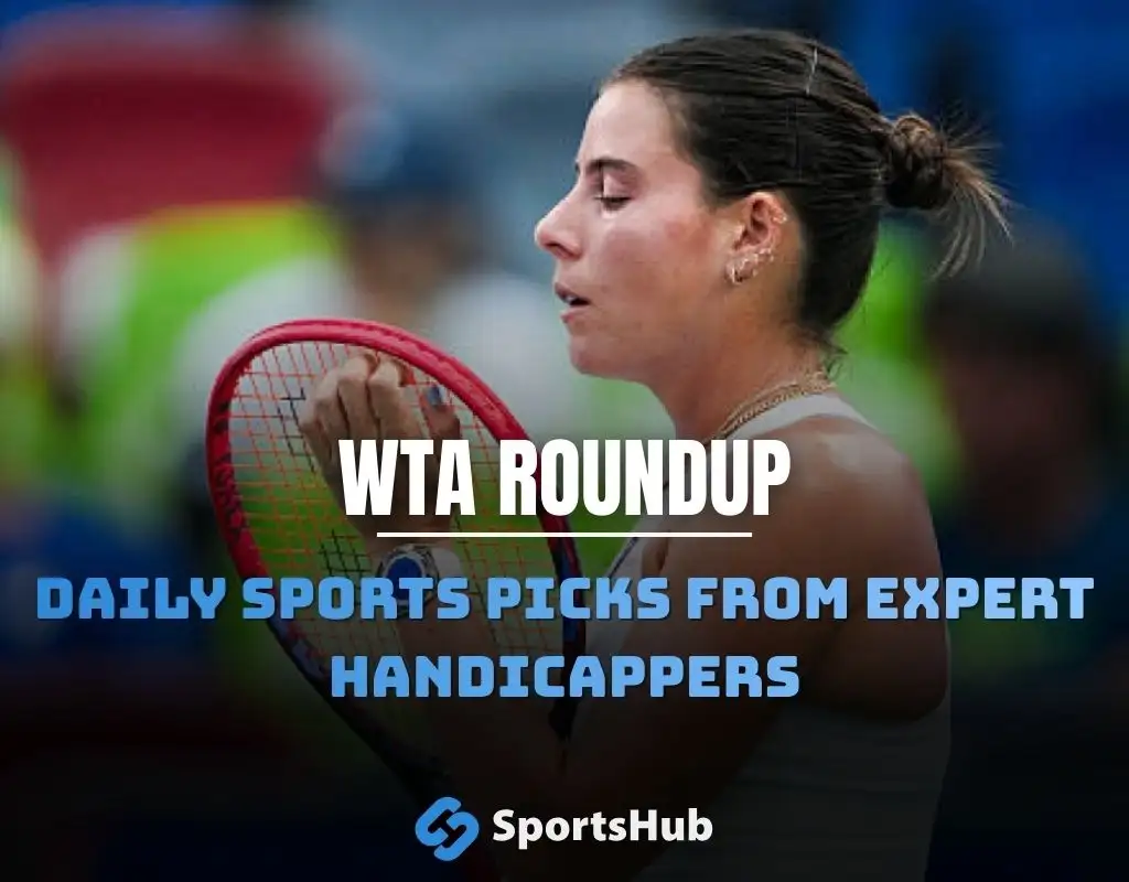 WTA roundup graphic featuring a tennis player holding a racket with text WTA Roundup and Daily sports picks from expert handicappers