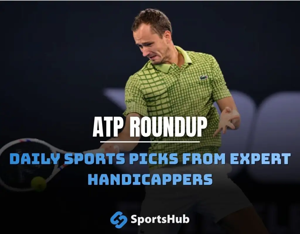 ATP roundup graphic featuring a tennis player with text ATP Roundup and Daily sports picks from expert handicappers