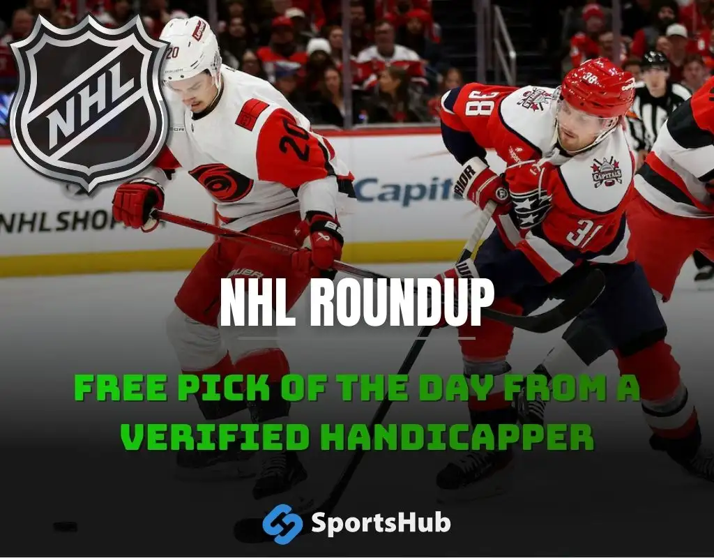 NHL roundup graphic featuring Washington Capitals vs Carolina Hurricanes with both team logos, “NHL Roundup” label, and Capitals hockey action background after a 3–0 comeback win in overtime.