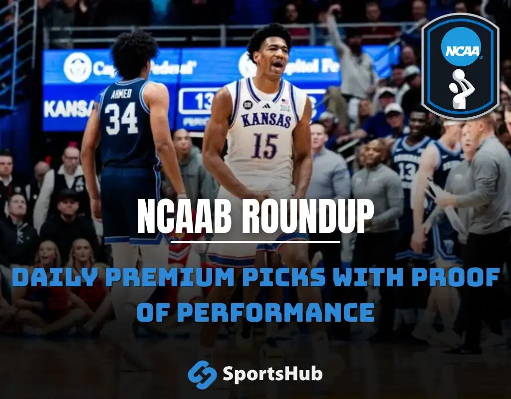 NCAAB Top 25 roundup graphic showing Kansas celebrating against BYU in a Big 12 showdown, with NCAA badge, “NCAAB Roundup” label, and SportsHub branding.