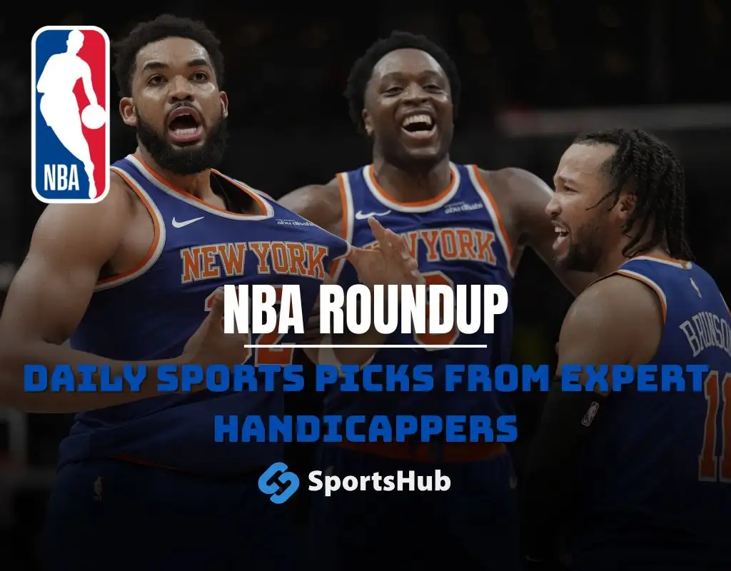 NBA roundup graphic highlighting the New York Knicks vs. Boston Celtics matchup, featuring both team logos and a Sportshub-style “Roundup” headline banner.