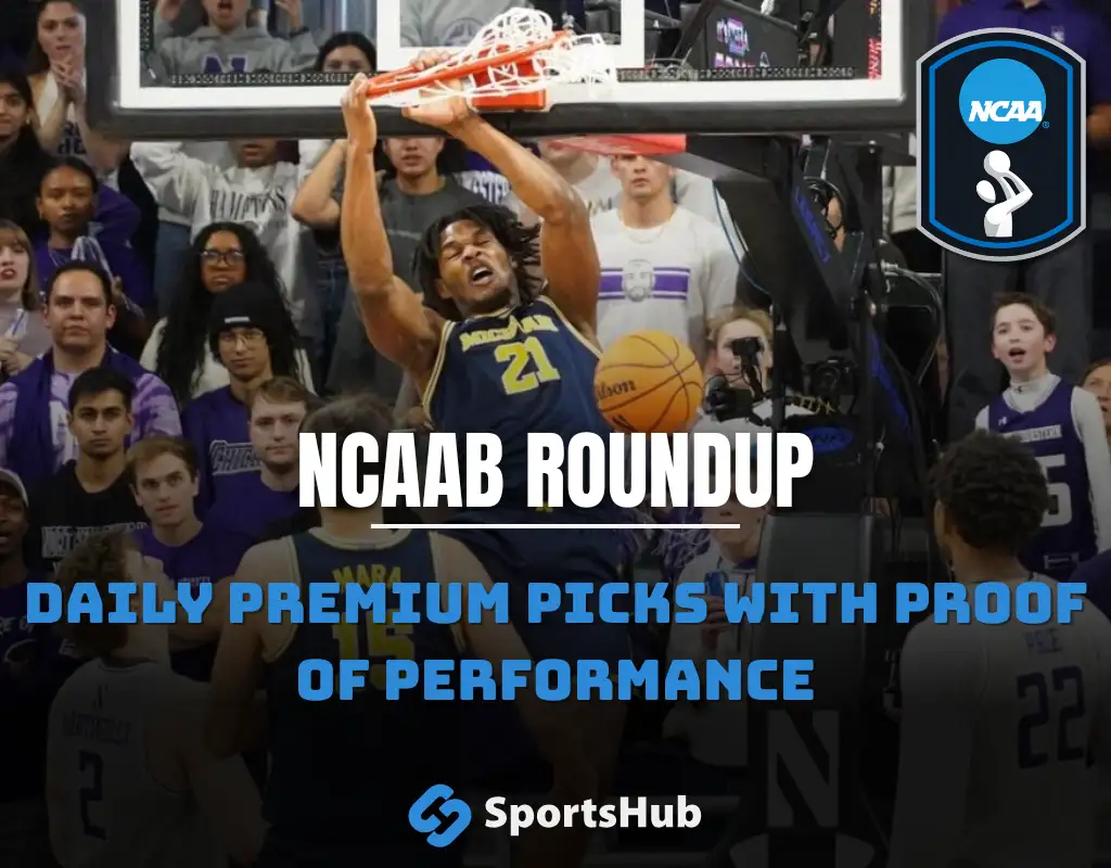 A basketball player dunks the ball during a game as the crowd watches. Text overlay promotes NCAA basketball picks with proof of performance by SportsHub.