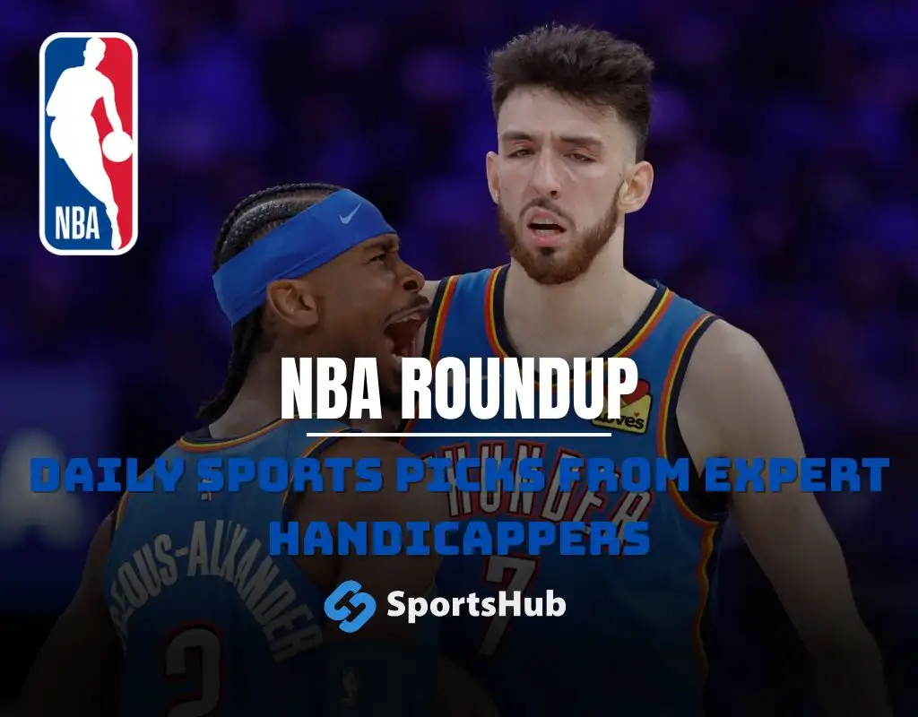NBA roundup preview graphic featuring Oklahoma City Thunder vs Denver Nuggets, highlighting a scrappy overtime Thunder win, with both team logos, an NBA-themed background image, and the ScoresandStats logo.