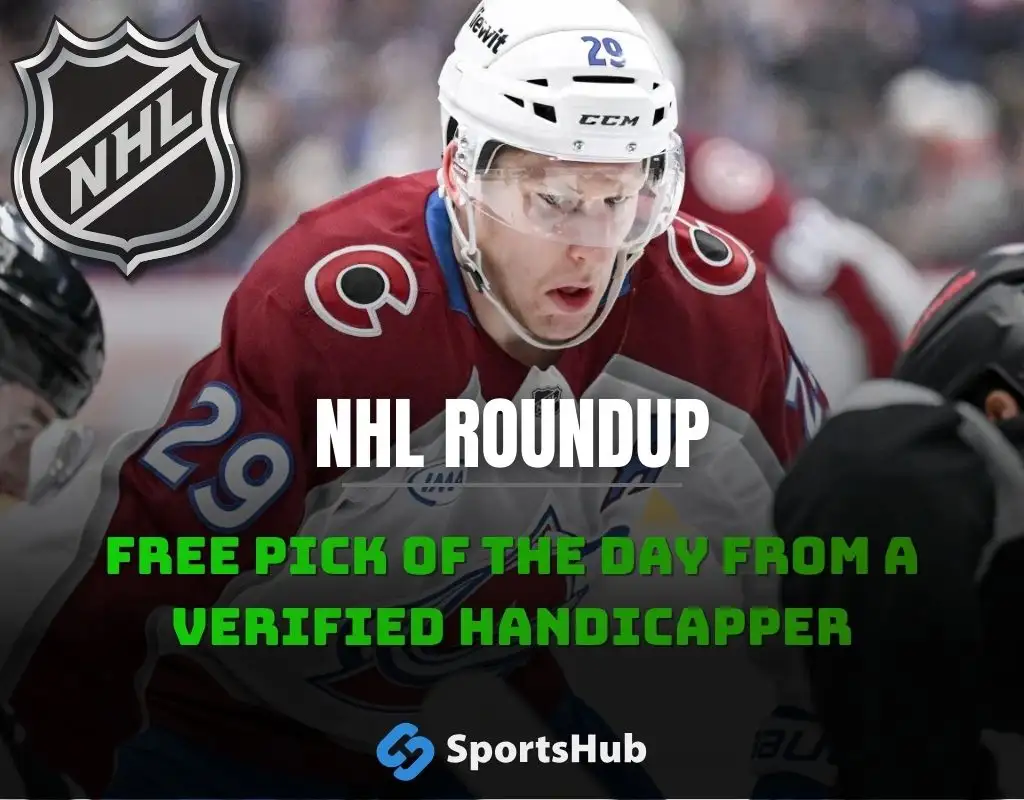 NHL roundup graphic highlighting the Avalanche tying it late and beating the Stars in a shootout, featuring both team logos and Sportshub branding.