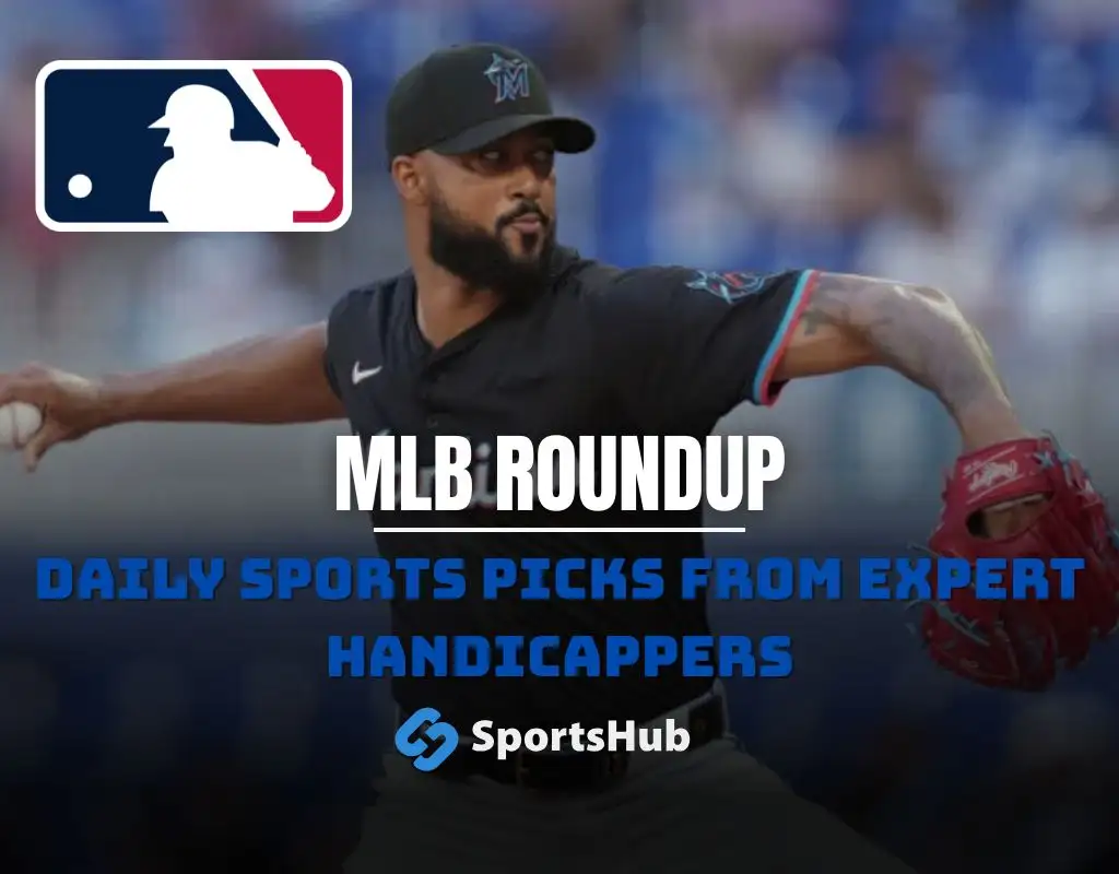 MLB spring training roundup graphic featuring Sandy Alcantara pitching as the Miami Marlins face the Houston Astros